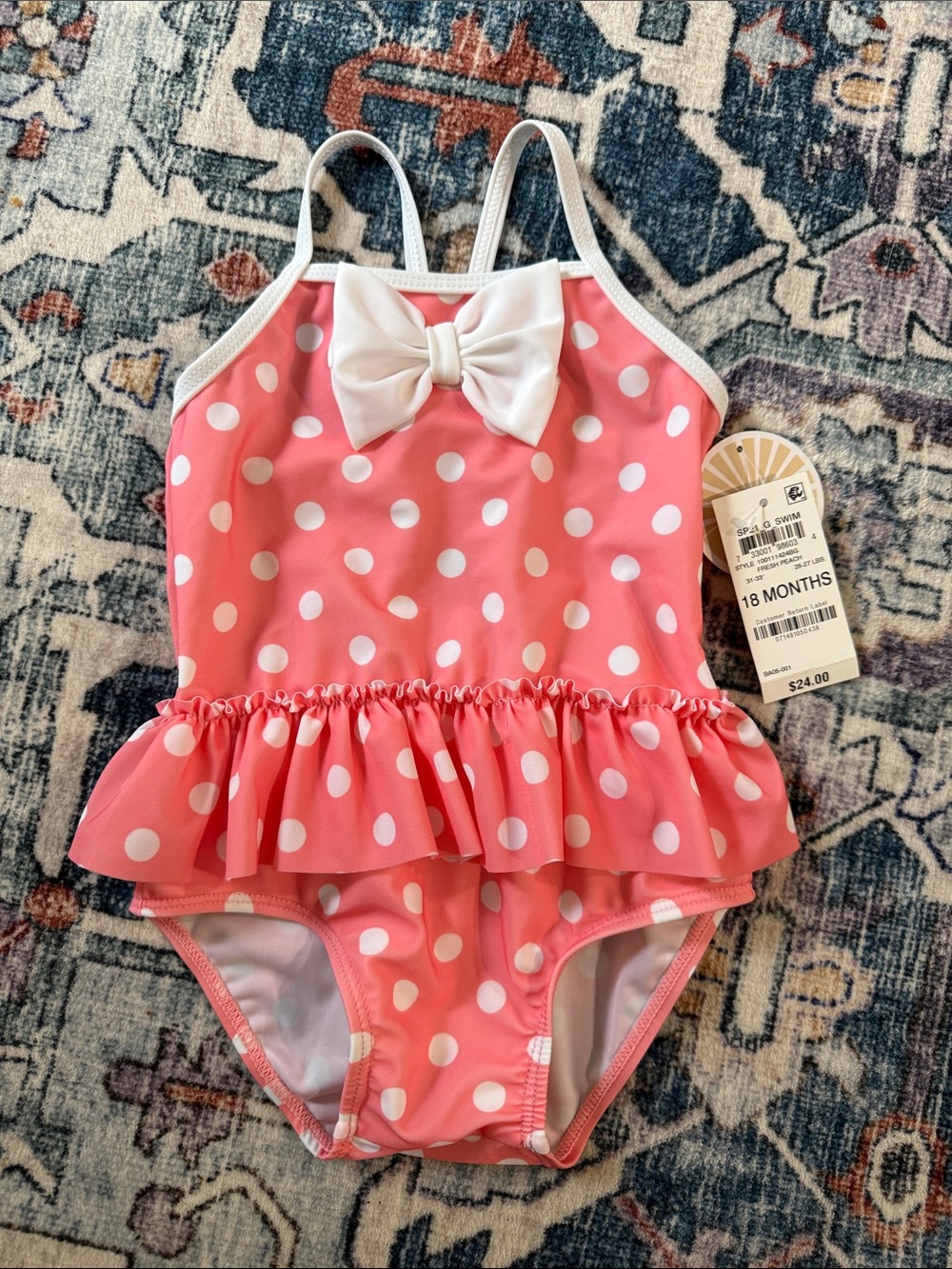 First Impressions Pink Polka Dot Ruffle One-Piece Swimsuit with White Bow